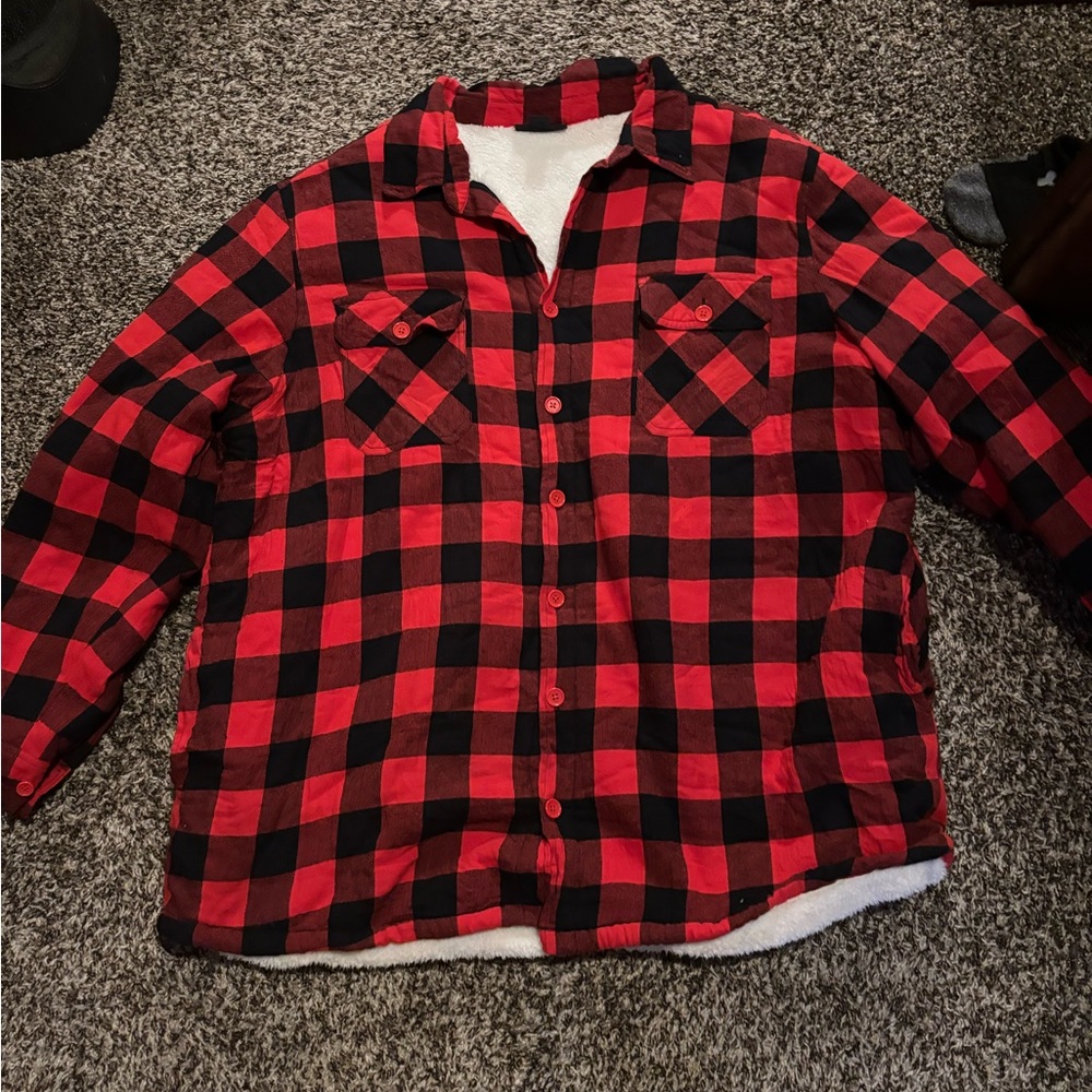 Red and Black Sherpa Lined- Plaid Button-Up Flannel Shirt Jacket